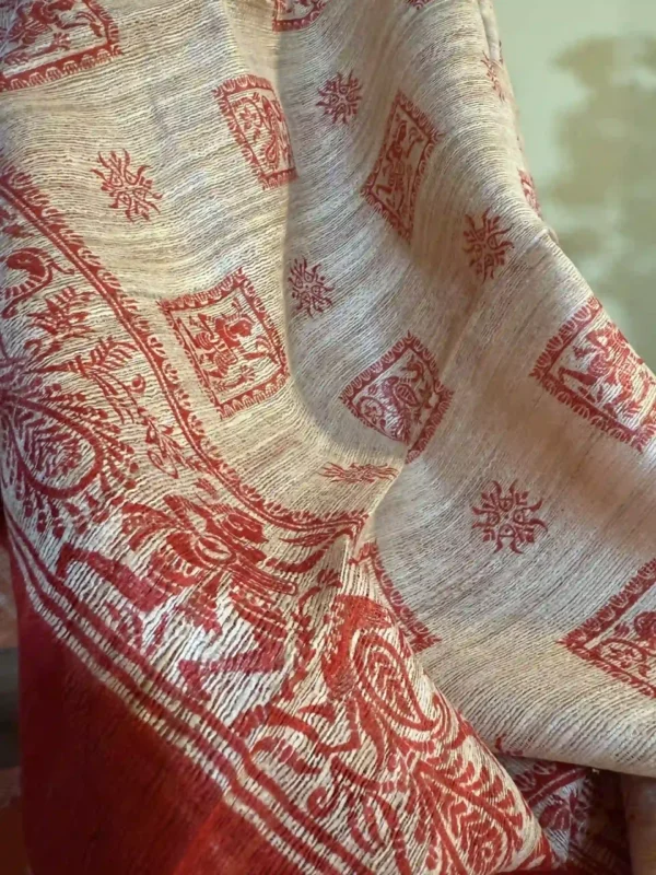 Beige Tussar Fish Gicha Saree