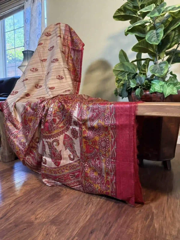 Beige Tussar Fish Gicha Saree
