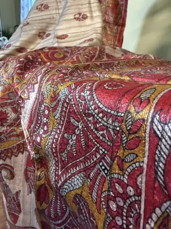 Beige Tussar Fish Gicha Saree