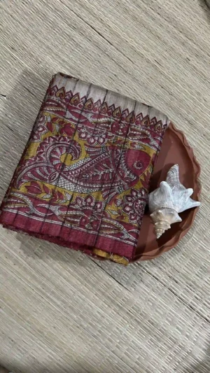 Beige Tussar Fish Gicha Saree