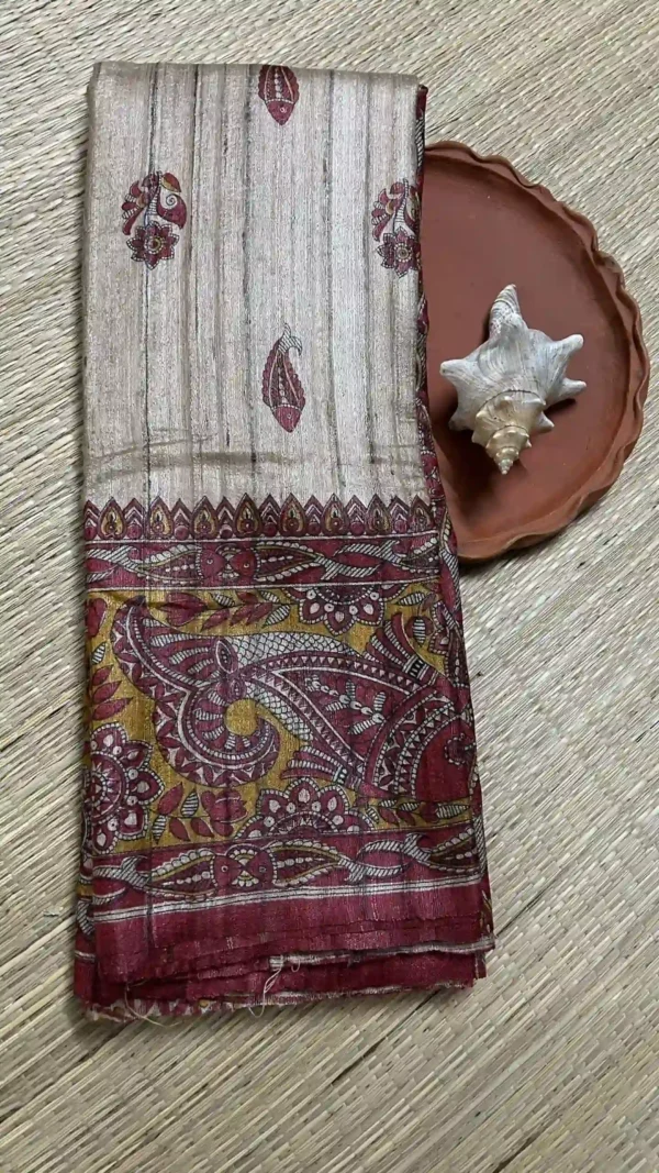 Beige Tussar Fish Gicha Saree