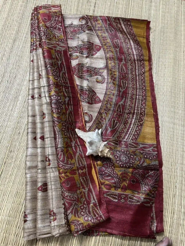 Beige Tussar Fish Gicha Saree
