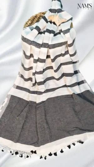White Black Stripe Linen Saree