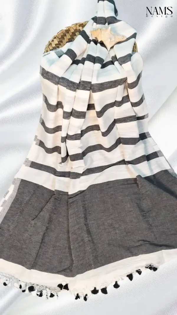 White Black Stripe Linen Saree