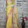 Yellow on Peach Border Floral Digital Print Linen saree