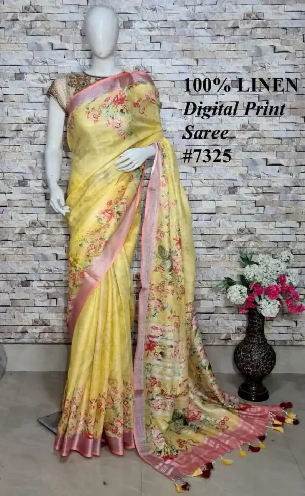 Yellow on Peach Border Floral Digital Print Linen saree