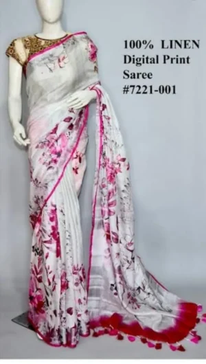 White on Hot Pink Floral Digital Print Linen saree