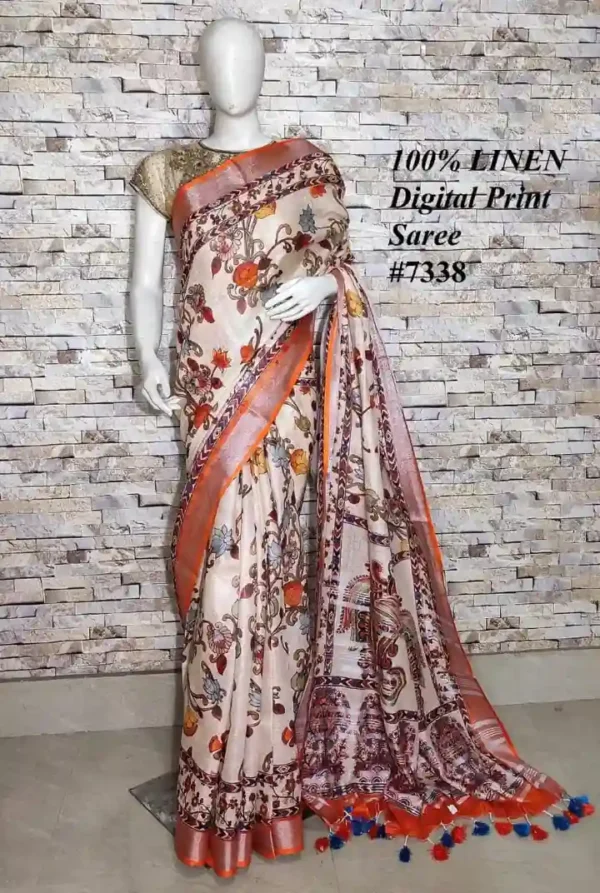 Off white on Multicolour Digital Print Linen saree