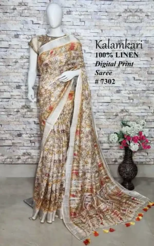 Beige on Kalamkari Print Linen saree