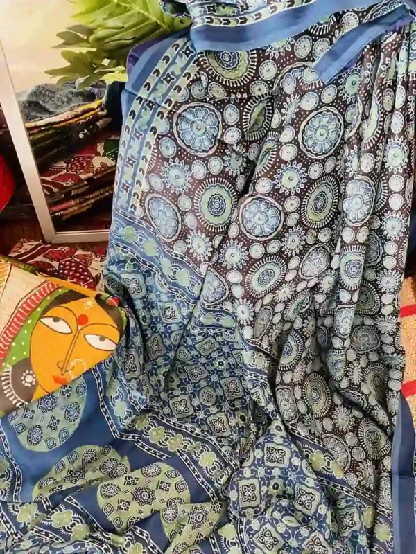 Blue Ajrakh Modal Silk saree