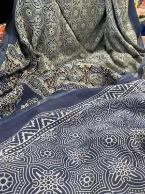 Navy Blue Ajrakh Modal Silk saree
