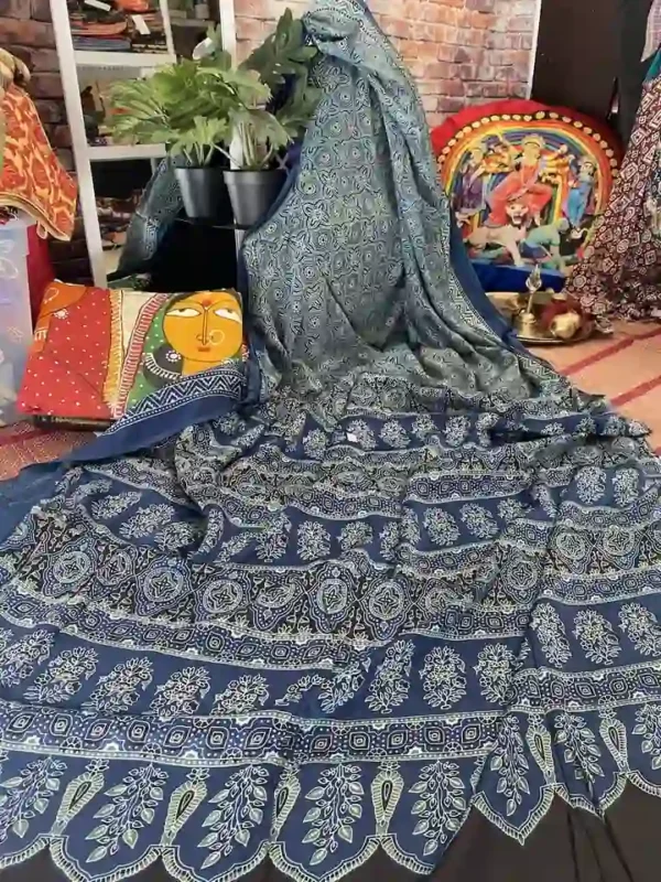 Navy Blue Ajrakh Modal Silk saree