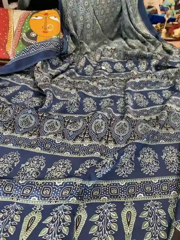 Navy Blue Ajrakh Modal Silk saree