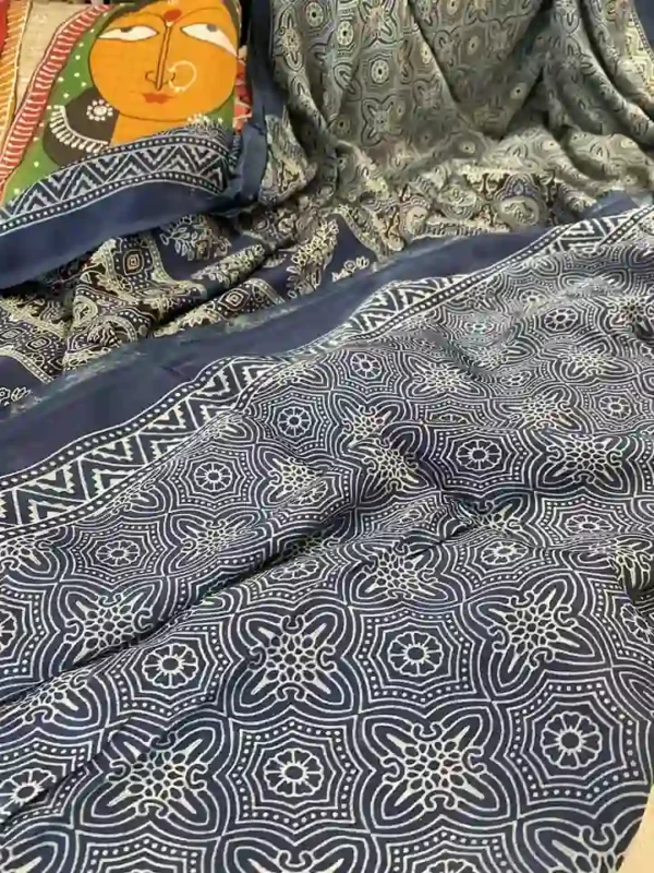Navy Blue Ajrakh Modal Silk saree