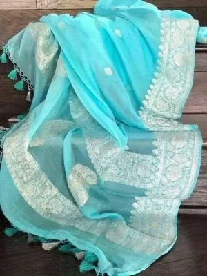 Sky Blue on silver Zari work Border Khadi Chiffon saree