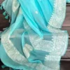 Sky Blue on silver Zari work Border Khadi Chiffon saree