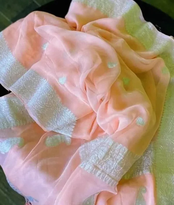 Peach on silver Zari work Border Khadi Chiffon saree