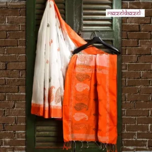 White on Orange Border with Kalka Embroidery Cotton saree