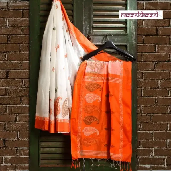 White on Orange Border with Kalka Embroidery Cotton saree