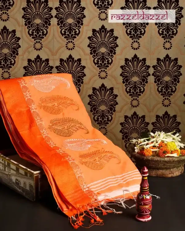 White on Orange Border with Kalka Embroidery Cotton saree