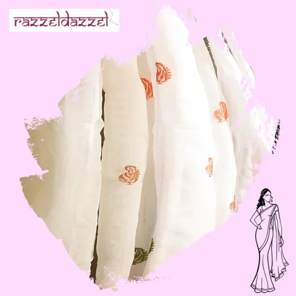 White on Orange Border with Kalka Embroidery Cotton saree