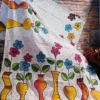White Batik print on multicolor floral work Khadi saree