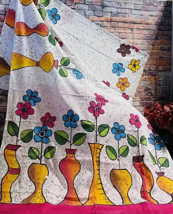 White Batik print on multicolor floral work Khadi saree