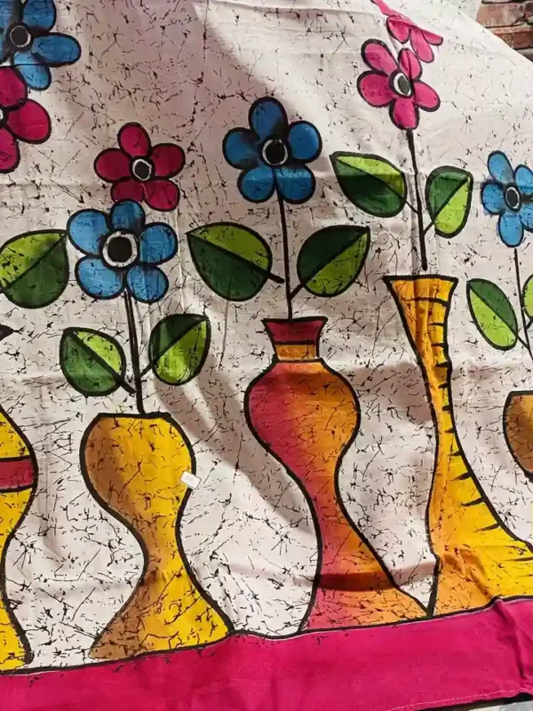White Batik print on multicolor floral work Khadi saree