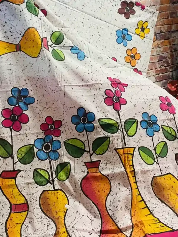 White Batik print on multicolor floral work Khadi saree