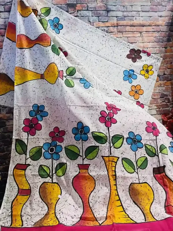 White Batik print on multicolor floral work Khadi saree