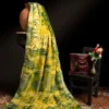 Yellow and Green Floral Digital Linen saree