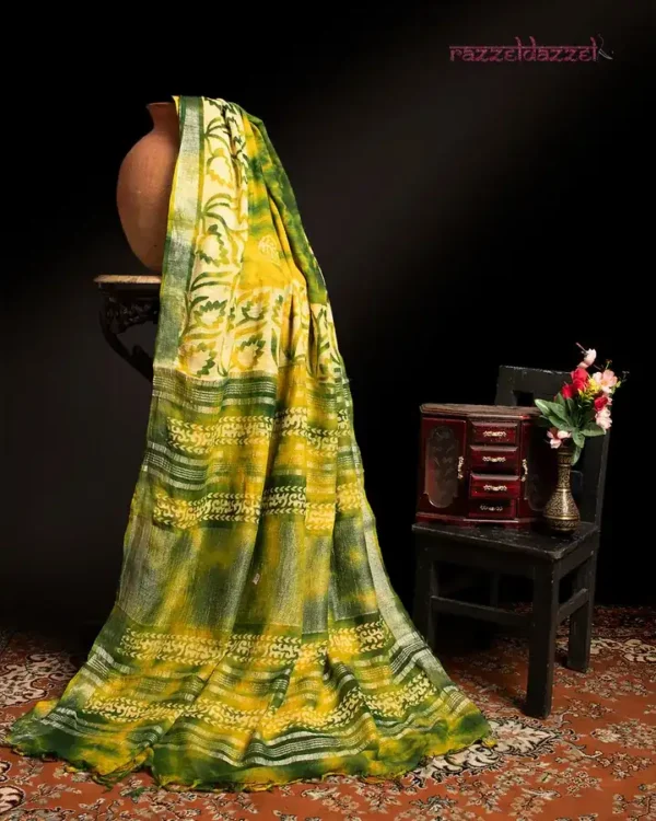 Yellow and Green Floral Digital Linen saree