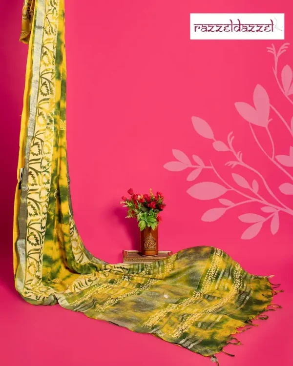 Yellow and Green Floral Digital Linen saree