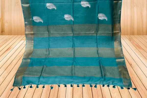 Crystal Teal Green on Leaf motif design Tussar Kattan Saree