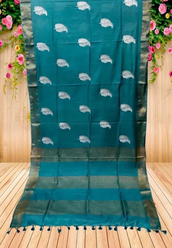 Crystal Teal Green on Leaf motif design Tussar Kattan Saree