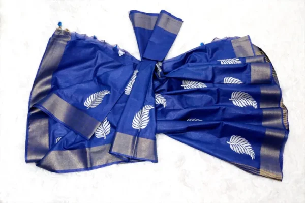 Royal Blue on Leaf motif design Tussar Zari Border Kattan saree