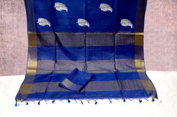 Royal Blue on Leaf motif design Tussar Zari Border Kattan saree