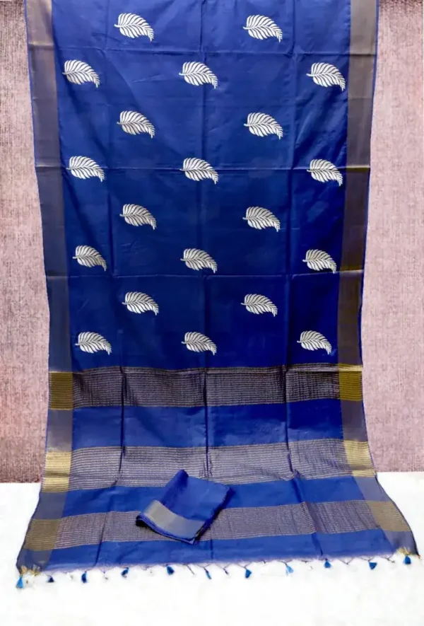 Royal Blue on Leaf motif design Tussar Zari Border Kattan saree