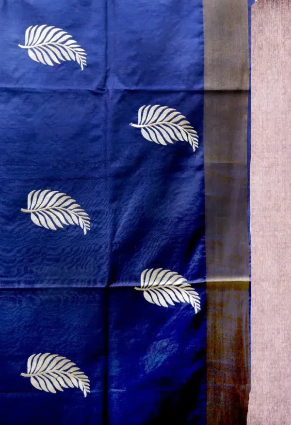 Royal Blue on Leaf motif design Tussar Zari Border Kattan saree