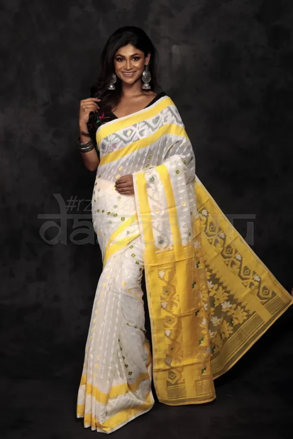 White on Yellow border n anchal Pure Silk Soft Dhakai jamdani Handloom Saree