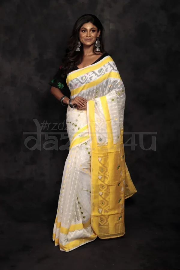 White on Yellow border n anchal Pure Silk Soft Dhakai jamdani Handloom Saree