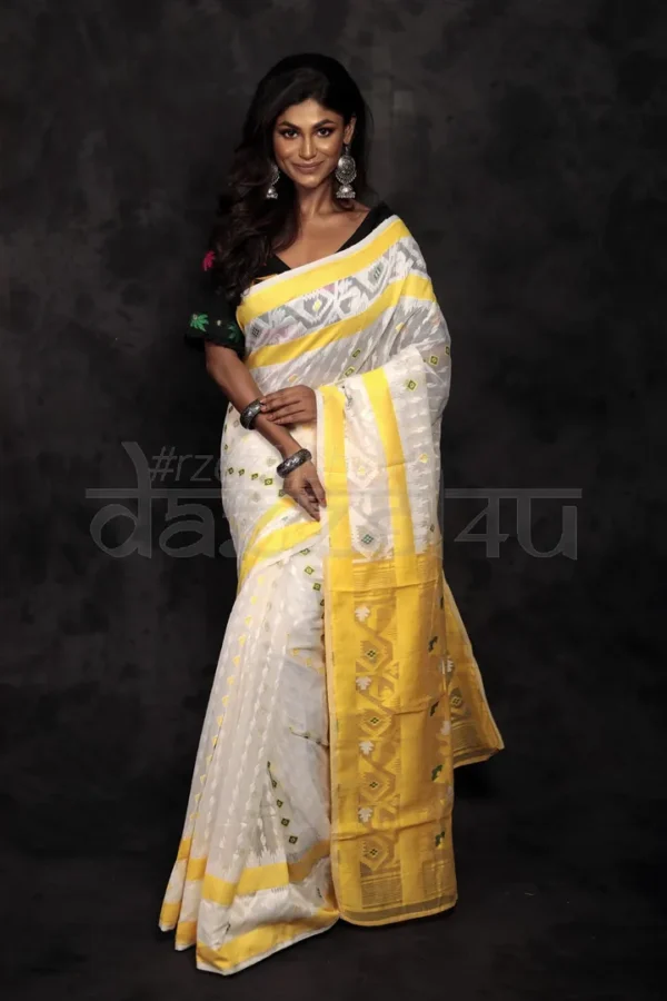 White on Yellow border n anchal Pure Silk Soft Dhakai jamdani Handloom Saree