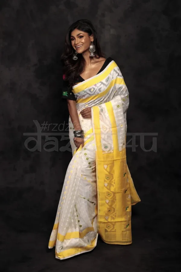 White on Yellow border n anchal Pure Silk Soft Dhakai jamdani Handloom Saree