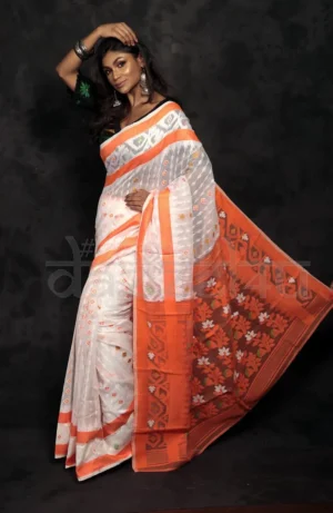 White on Orange border n anchal Pure Silk Soft Dhakai jamdani Handloom Saree