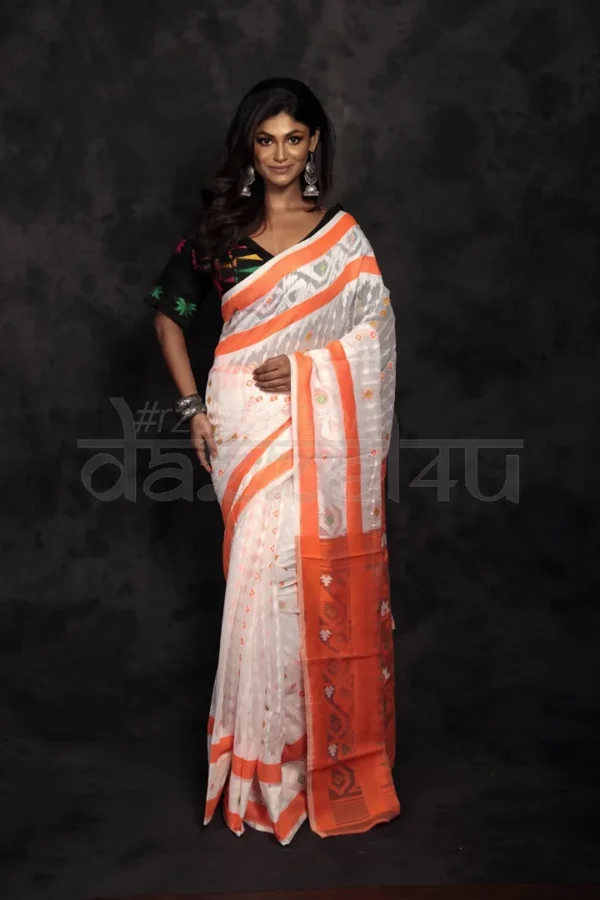 White on Orange border n anchal Pure Silk Soft Dhakai jamdani Handloom Saree