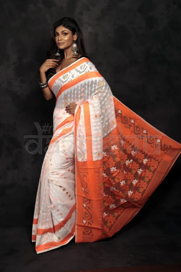 White on Orange border n anchal Pure Silk Soft Dhakai jamdani Handloom Saree