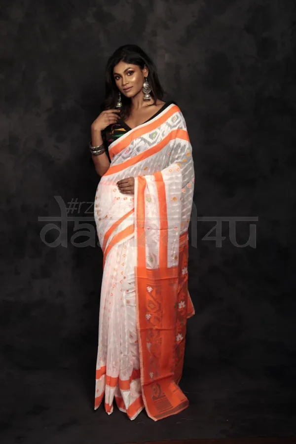 White on Orange border n anchal Pure Silk Soft Dhakai jamdani Handloom Saree