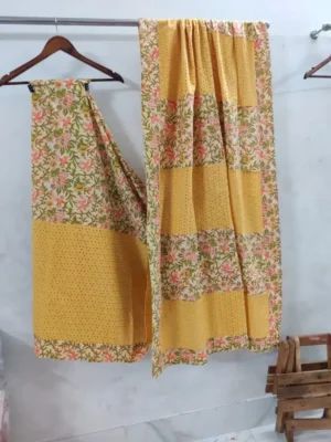 Yellow Hakoba and Beige on floral work Cotton Fusion saree