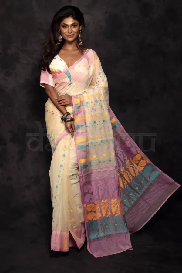 Cream on Multicolour Jalbondi Silk Dhakai jamdani Handloom Saree