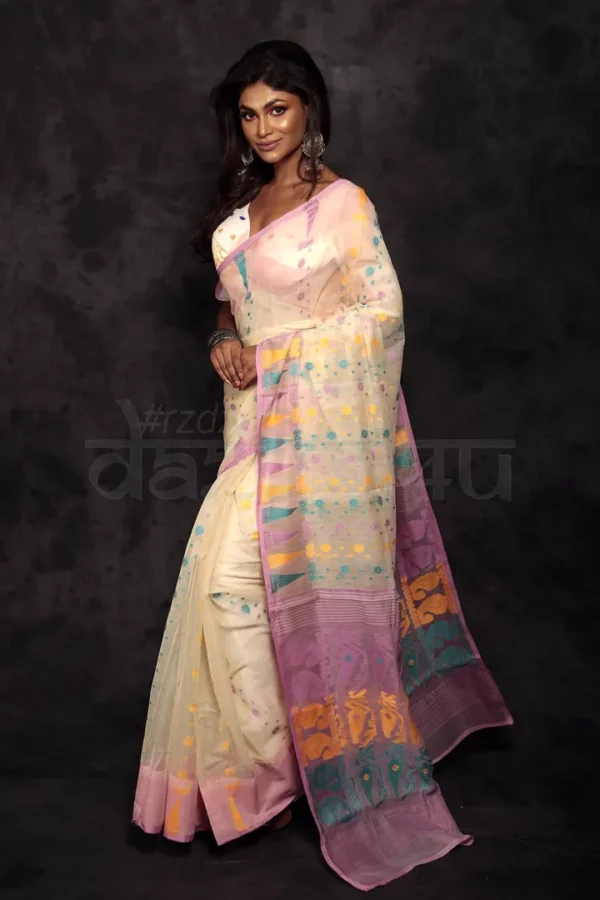 Cream on Multicolour Jalbondi Silk Dhakai jamdani Handloom Saree